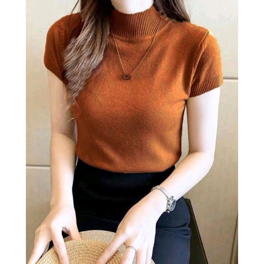 Atasan Rajut Wanita Turtleneck - Kerah Tinggi Lengan Pendek - Kaos Turtleneck Rib Turtleneck Lengan Pendek - Kaos Viral Korea Style