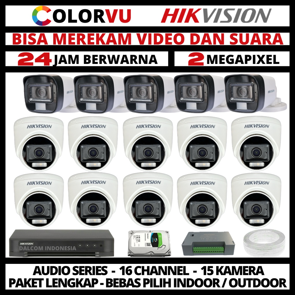 PAKET CCTV HIKVISION COLORVU 2MP 16 CHANNEL 15 KAMERA COLORFUL
