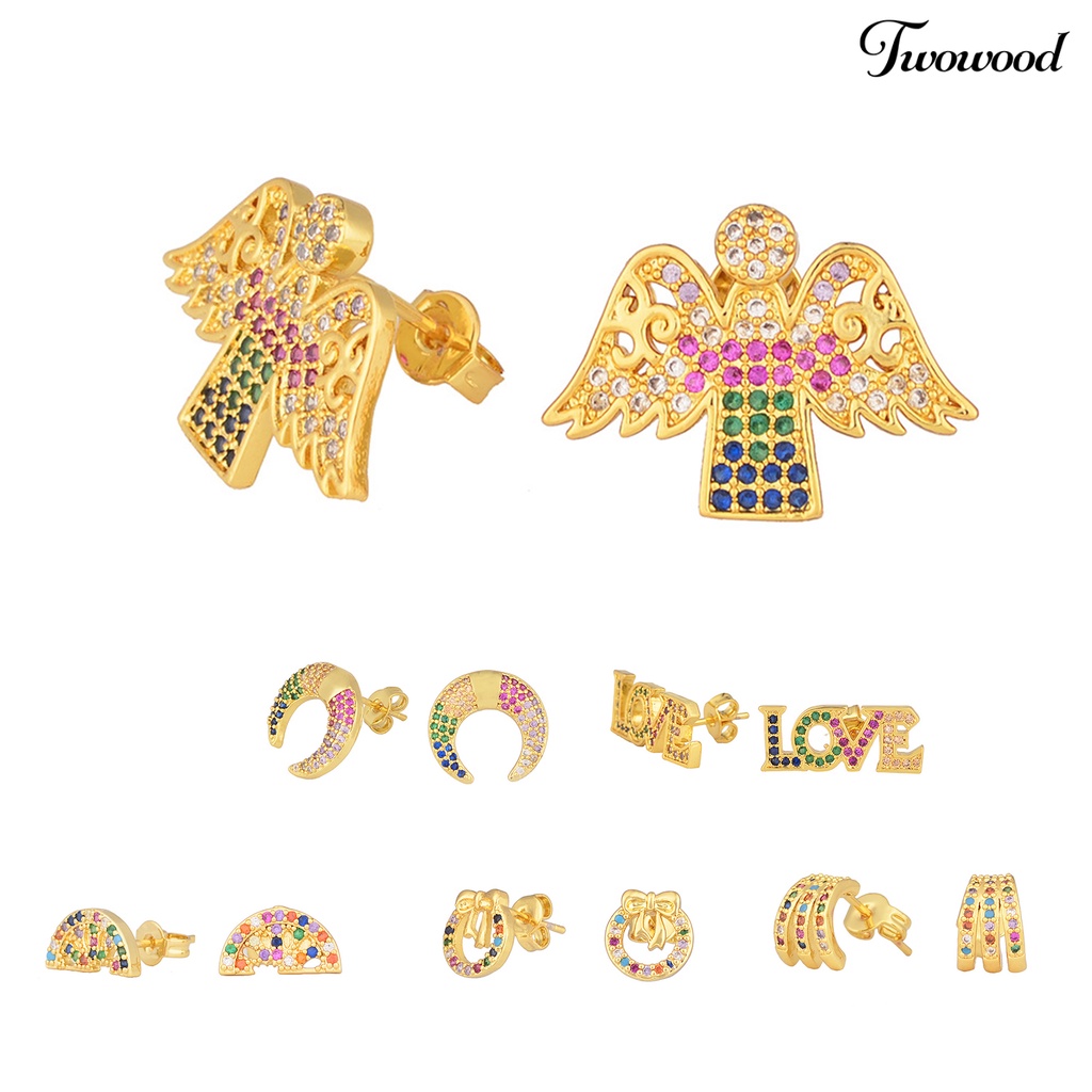 1 Pasang Anting Stud Berlian Imitasi Warna-Warni Bahan Alloy Untuk Hadiah