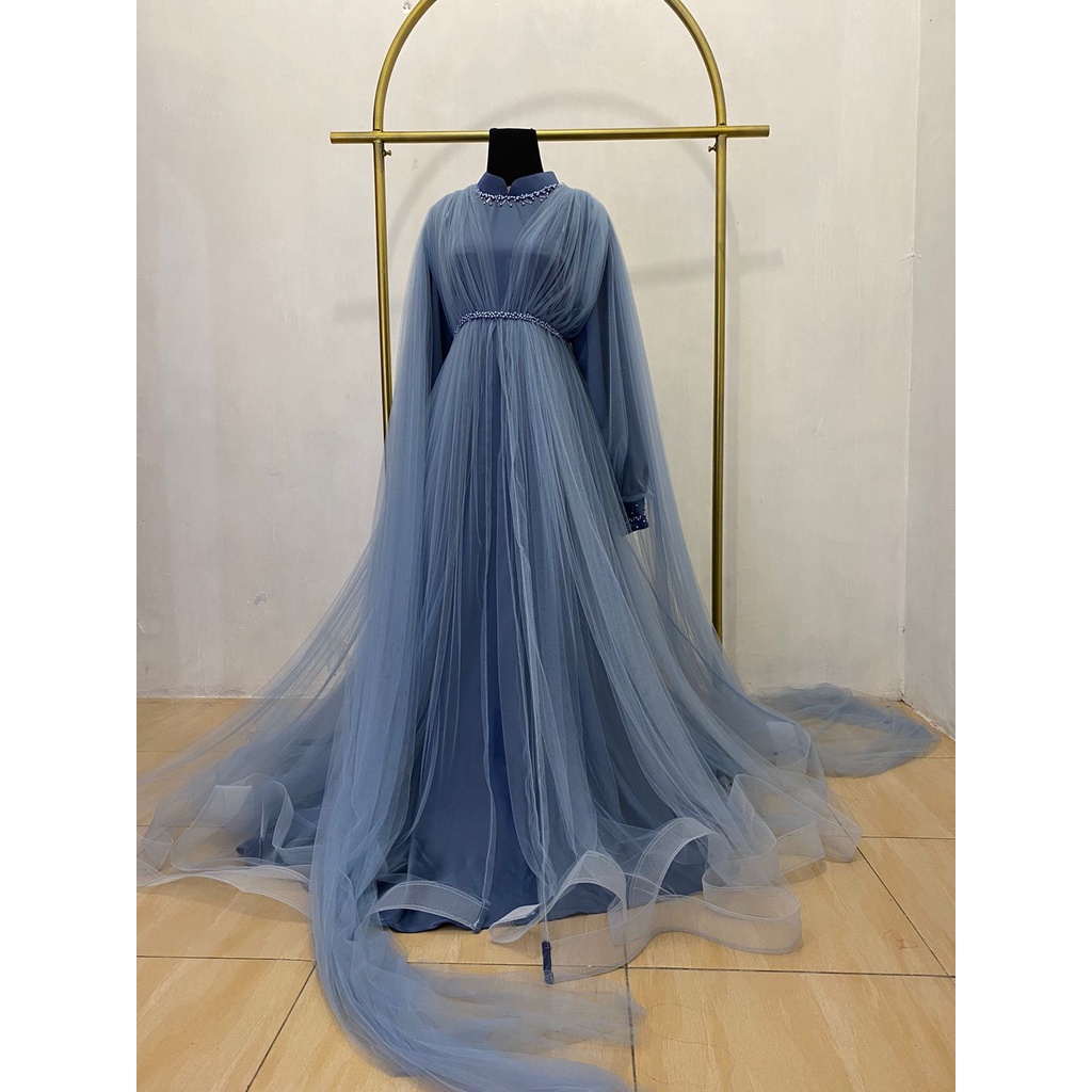 Khadijah Double Tulle Denim Premium | Gaun Pesta | Dress Kondangan | Dress Maternity | dress maternity hijab | gaun maternity