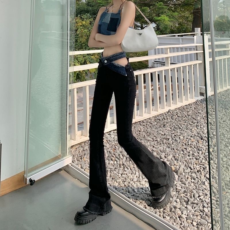 Suhao Spice Girls High Waist Micro Flared Jeans Wanita Akal Desain Niche Musim Semi 2022 Baru Slim Hitam Horseshoe Celana