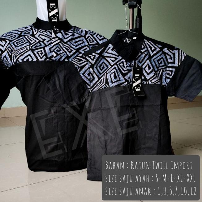 Kemeja / Baju Koko Muslim Anak - Biru Dongker Kombinasi Batik - Hitam, 2-3 tahun