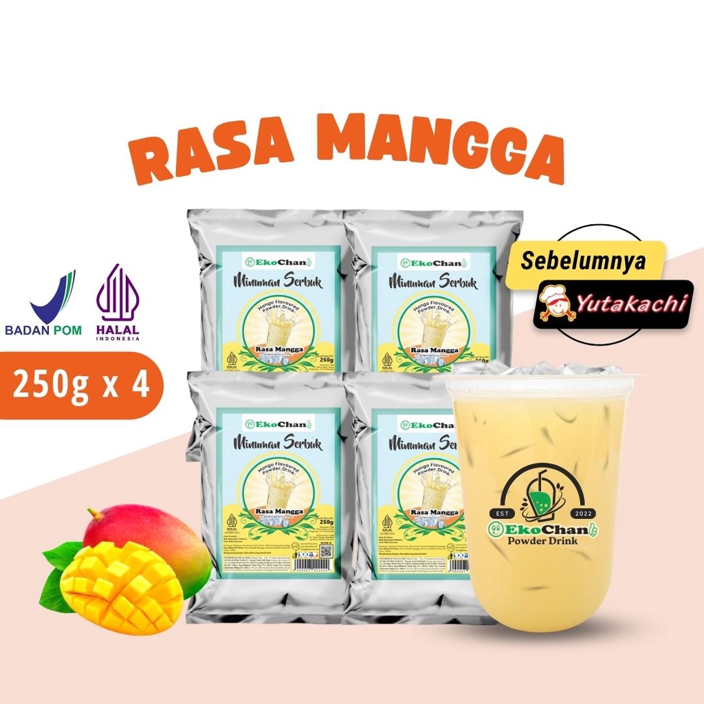 Bubuk Minuman Rasa Mangga 1Kg ( 4 x @250g ) EkoChan/ Serbuk Minuman Instan Mango 1 kg Aneka Rasa / Powder Drink Manggo Milkshake / Pusat bumbu