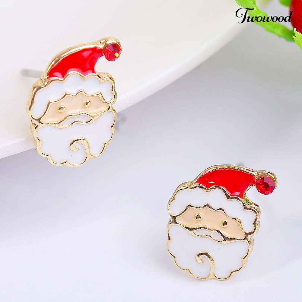 Anting Stud Desain Snowflake Santa Claus Aksen Berlian Imitasi Untuk Wanita