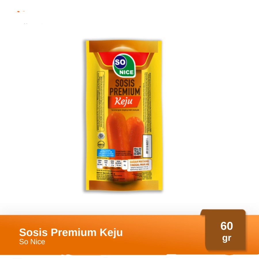 SOSIS SIAP MAKAN SO NICE PREMIUM SINGLE KEJU 60GR CHEESE SAUSAGE HALAL