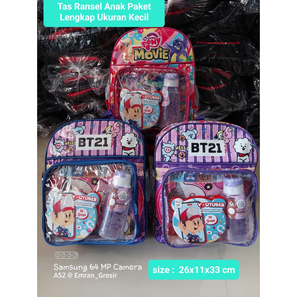 Tas Ransel Anak Cewek 3 in 1 Hadiah Botol Minum dan Tempat Makan / Tas Paud TK SD/Tas 1 Paket