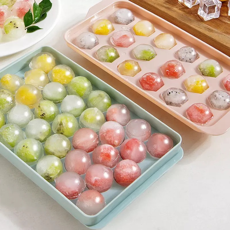 Cetakan Es Batu Bulat 33 Hole Grid Ice Cube Tray Cetakan Jelly Agar-Agar Coklat 33 Lubang Bulat Round dengan Tutup Tempat Es Batu Bulat Tutup Serbaguna