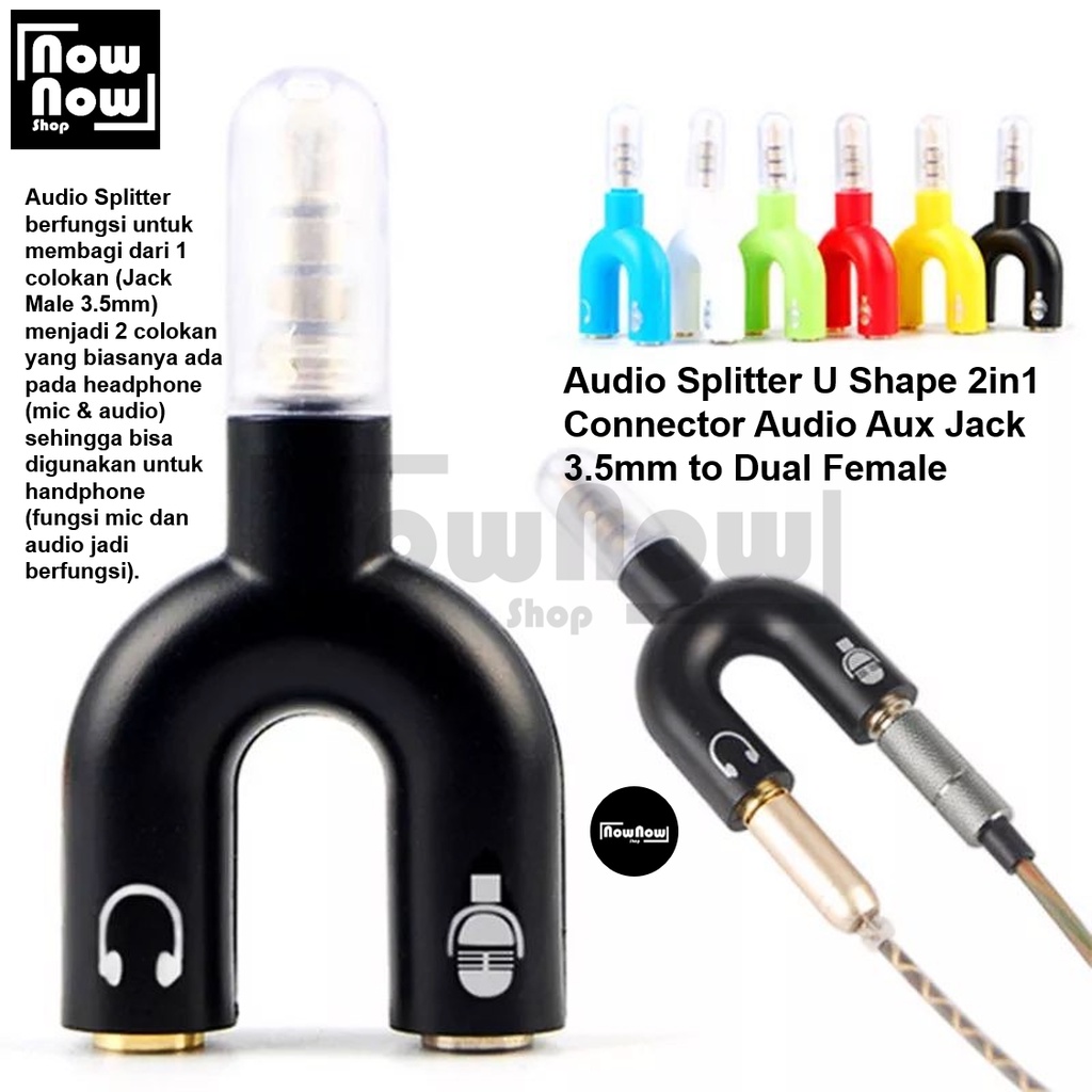 Audio Splitter U Shape 2in1 Connector Audio Aux Jack 3.5mm to Dual Female Headset + Mic 2 Lubang Port Colokan Microphone Earphone HP Spliter Konektor Smule