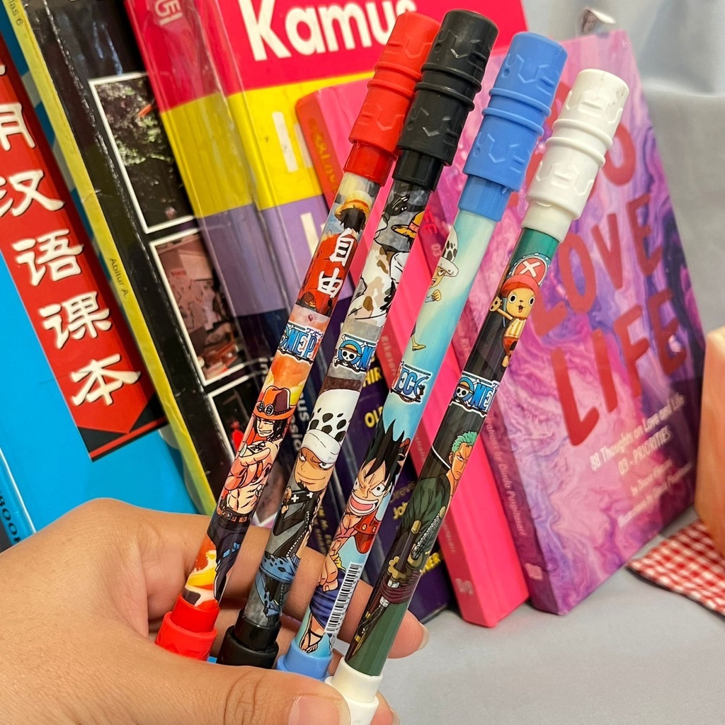 PULPEN PUTAR MAGNET ONE PIECE 4 WARNA HARGA TERMURAH KUALITAS TERBAIK PEN GEL HITAM KARAKTER ONEPIECE LUCU IMUT STATIONARY UNIK ANAK-ANAK BISA GROSIR DAN COD