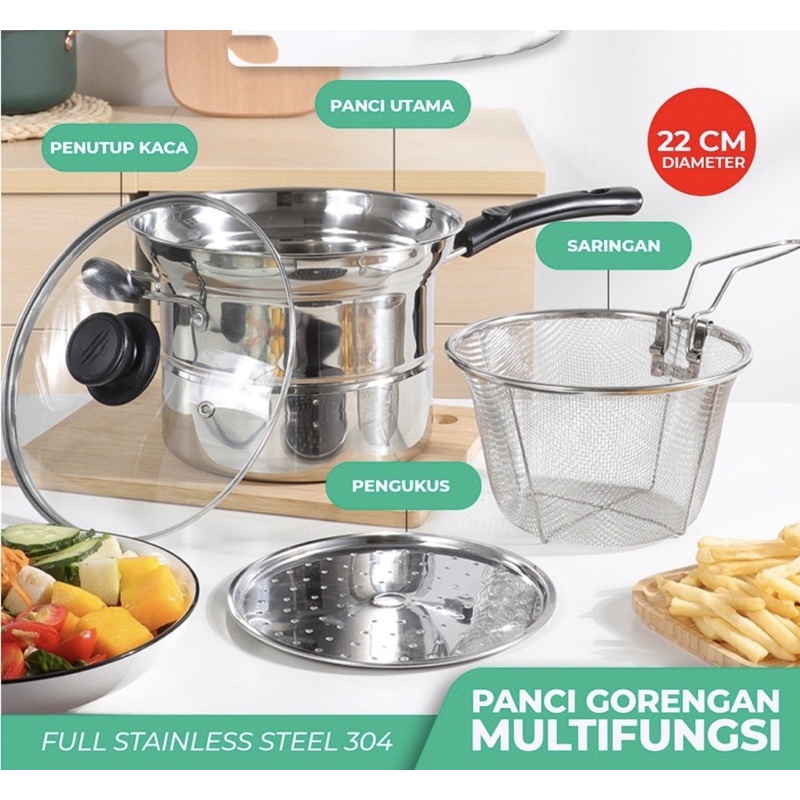 Panci 3in1 Goreng Rebus - Deep Fryer Gagang Panjang &amp; Kuping 2 - Panci Mie Stainless - Panci Steamer Multifungsi