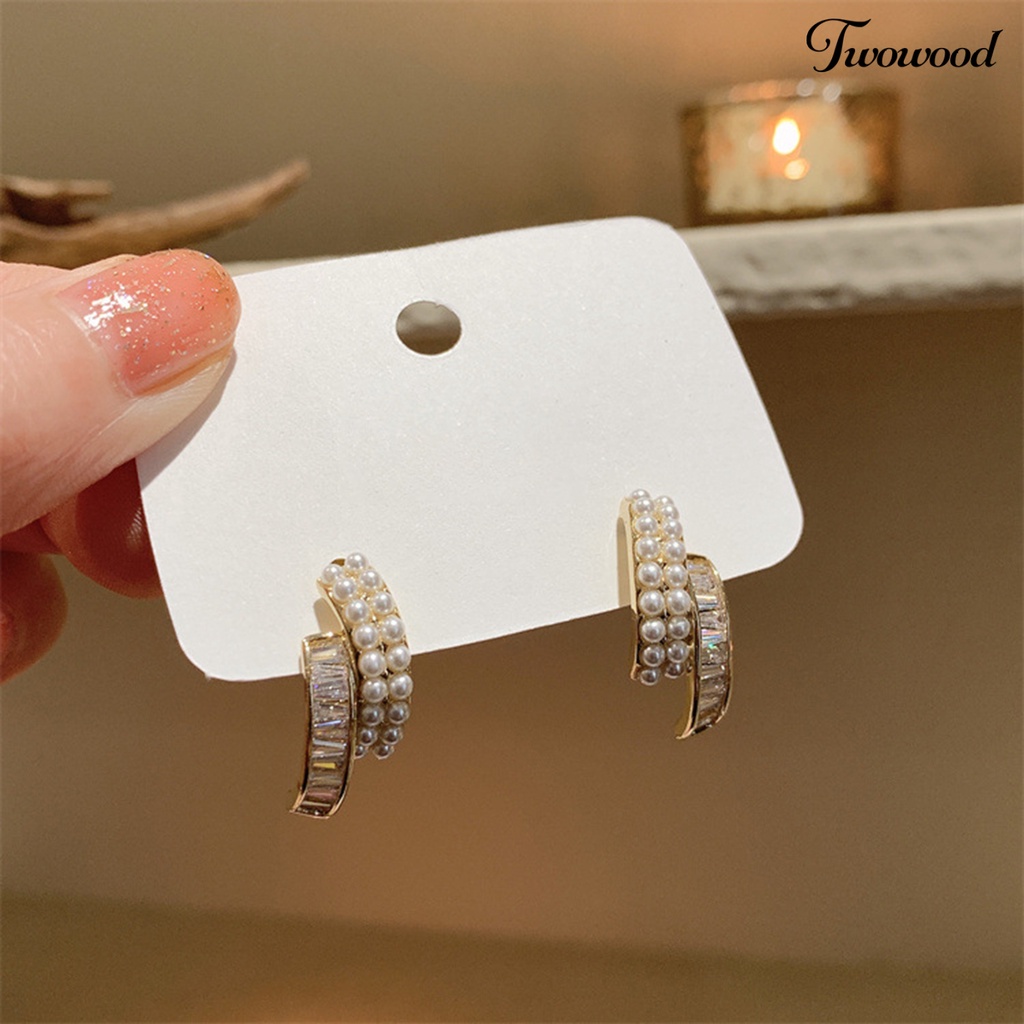 1 Pasang Anting Stud Mutiara Berlian Imitasi Double Layer Untuk Wanita