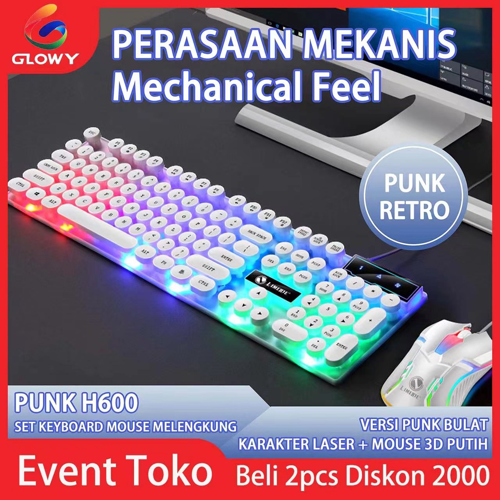 （COD）Glowy keyboard gaming Bulat Punk Mechanical Komputer Set Gaming Mouse dan keyboard USB Cable RGB GTX300 G21