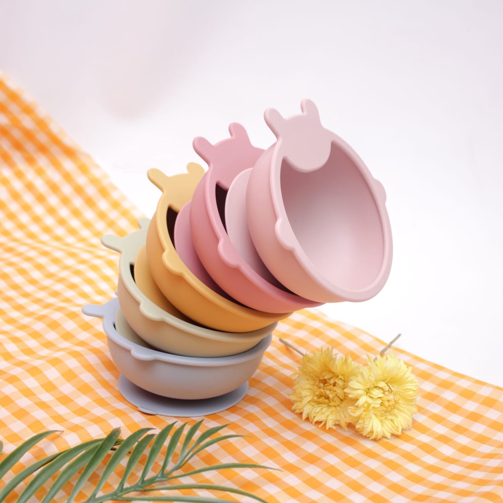 NIA BABY FEEDING SILICONE BOWL SUCTION - SET MANGKOK MAKAN BAYI DAN SENDOK GARPU BAHAN SILIKON