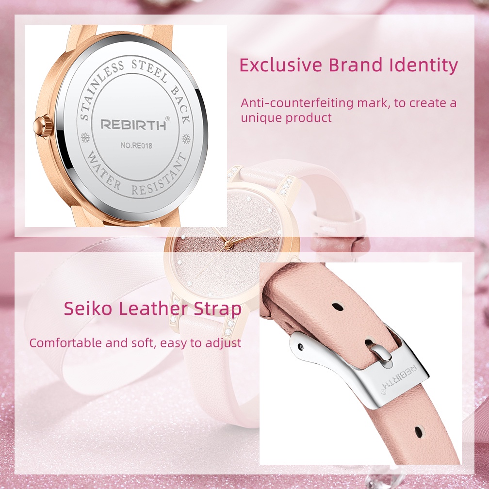 REBIRTH Jam Tangan Wanita Santai Bisnis Mode Gaya Tali Kulit Anti Air Jam Tangan Cewek