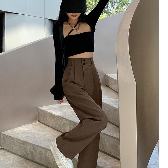 Celana Setelan Gaya Korea Celana Lurus Fashion Pinggang Tinggi