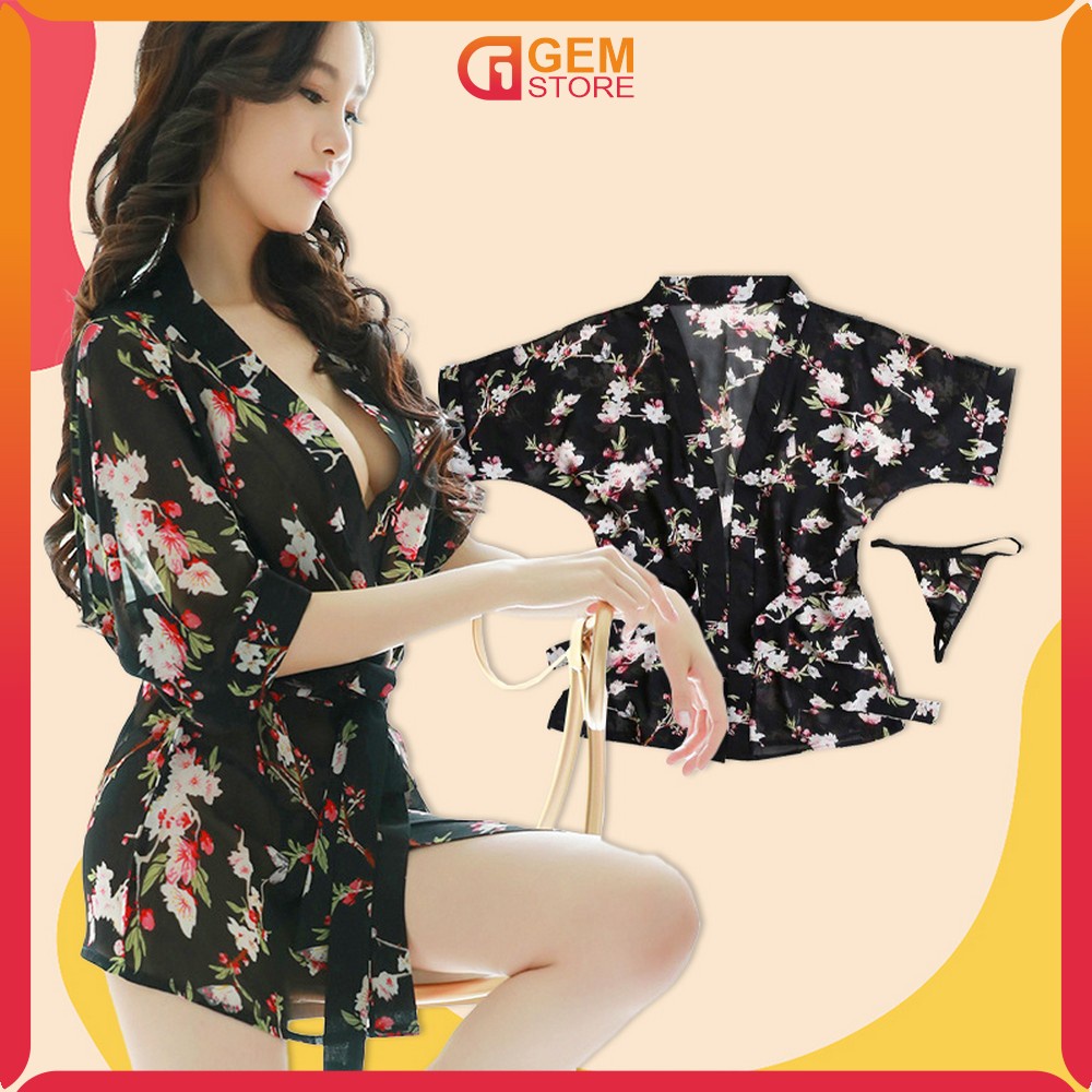 Baju Tidur Wanita Model Kimono Transparant Sexy With G String Motif Bunga / Floral Kimono Lingerie S