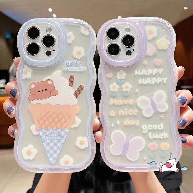 Casing Samsung A14 A04 A12 A04s A03 A50 A13 A04E A50s A52s A22 A32 A03s A23 A53 A21s A20 A51 A52 A33 A02s A30s M22 M12 A31 A11 Cute Butterfly Ice Cream Bear Lembut Bergelombang Penutup Tepi