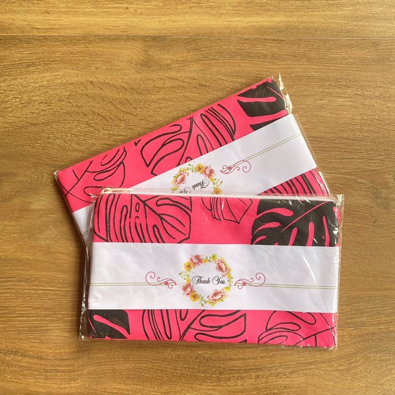 SOUVENIR  PERNIKAHAN ULTAH KHITAN TASYAKURAN POUCH SEMI KANVAS MOTIF MONSTERA PINK FREE PACK PLASTIK THANK CARD THANK YOU  20X12  READY SIAP KIRIM