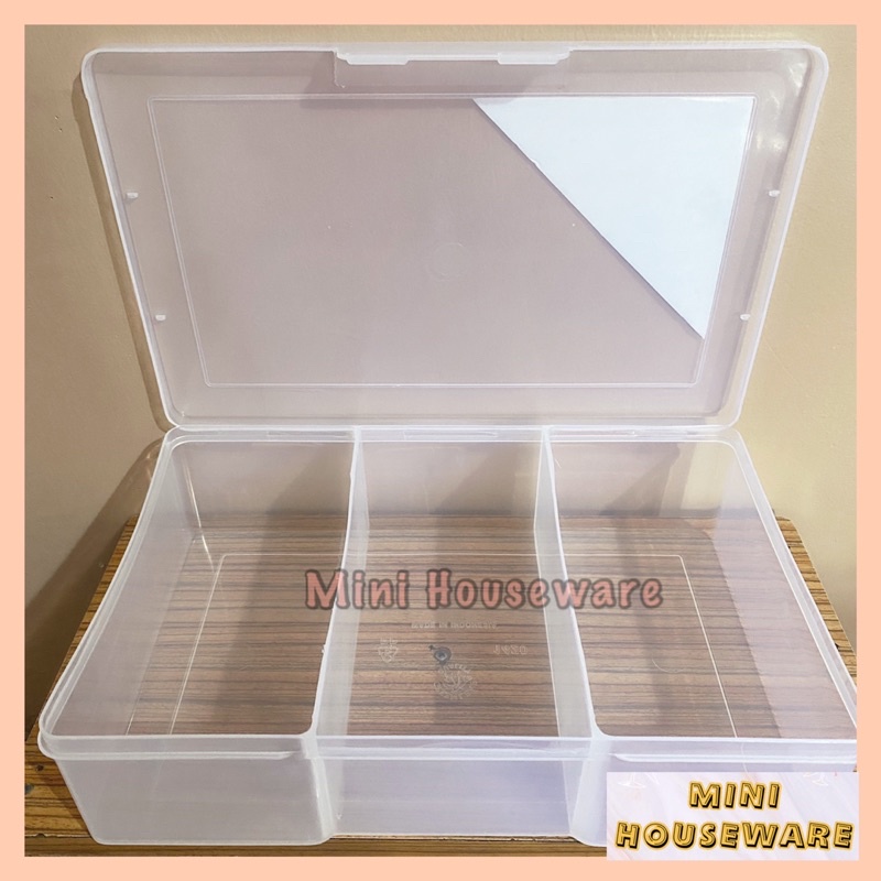 Kotak Plastik 3 Sekat Besar / Kotak Masker Medis / Green Leaf 1420