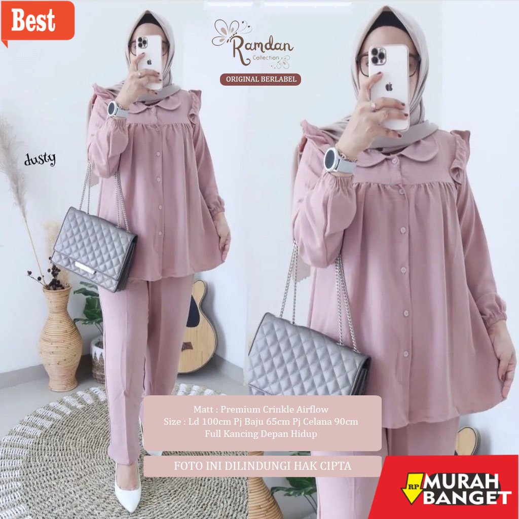 baju setelan wanita kekinian 2022 Ramdan Collection A047 | Milly One Set Rayon Crinkle Setelan Wanit