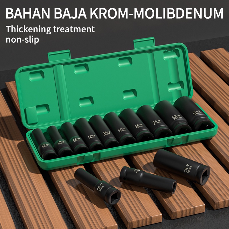 ISKU Kunci Mata Sock Set 10 pcs 1/2 Krom-Molibenum Extention Impact Shock 10-24mm Set Drive Socket Set