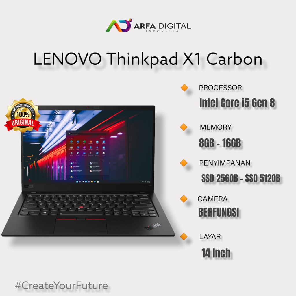 Laptop Lenovo Thinkpad X1 Carbon Core i5 Gen 6/7/8 RAM 16GB SSD 256GB Layar Full HD Original Siap Pakai Bergaransi