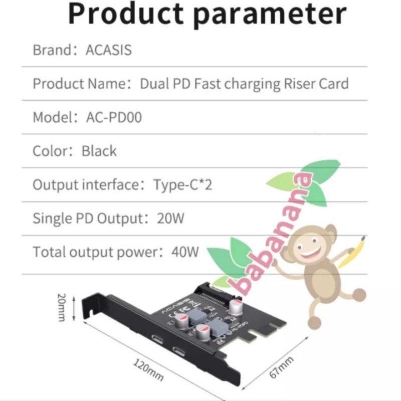 Acasis PCIE x1 to Dual Usb Type-C card adapter hub fast charging