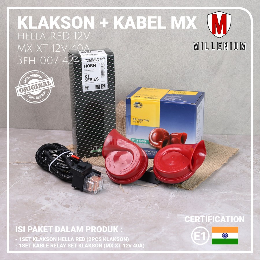 KLAKSON MOBIL MOTOR HELLA KEONG RED TWIN TONE HORN 12V + KABEL RELAY ORIGINAL