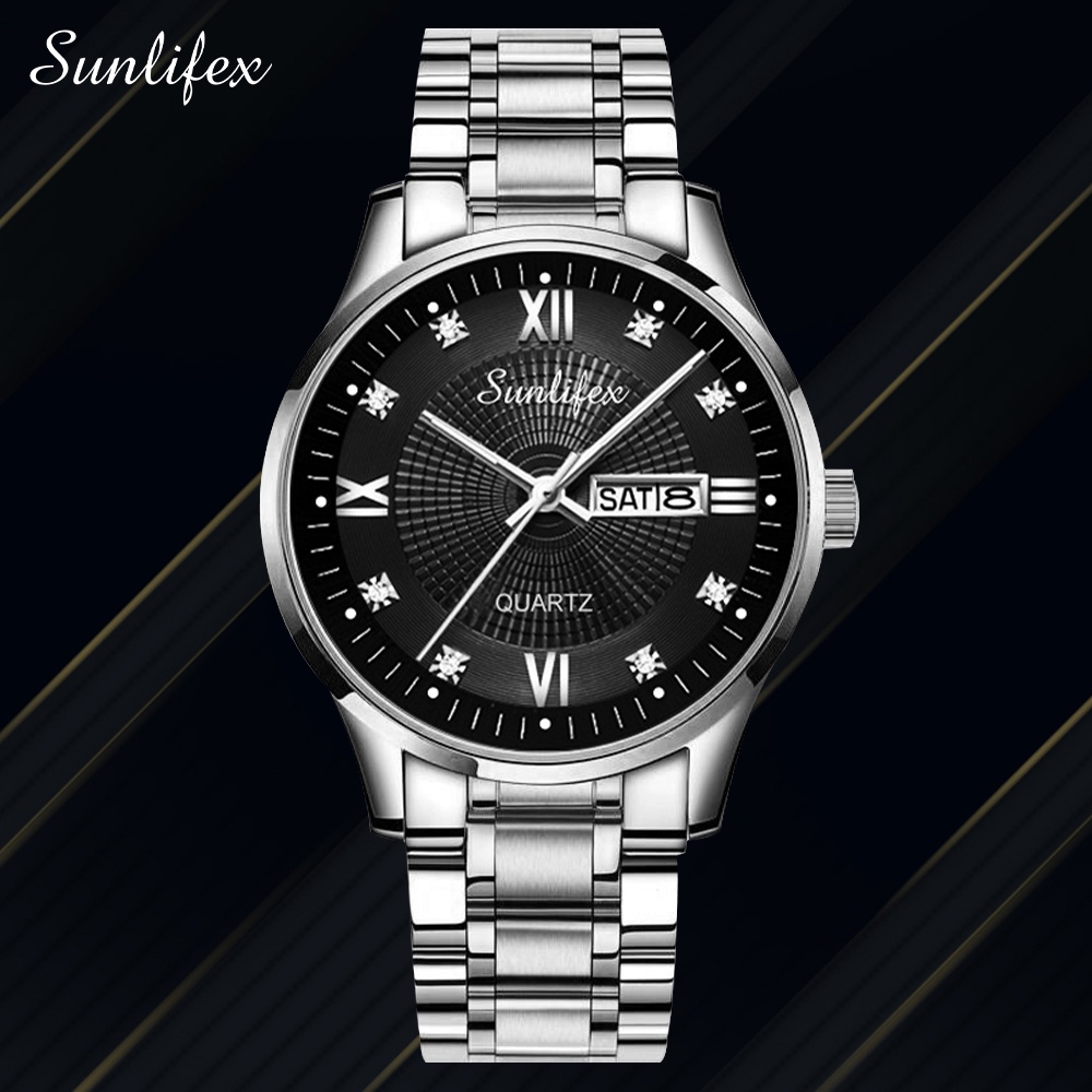 Sunlifex Jam Tangan Pria Original Kuarsa Tali Stainless Steel Calendar Mewah Mode Pria Jam Tangan Cowok Anti Air-SilverBlack