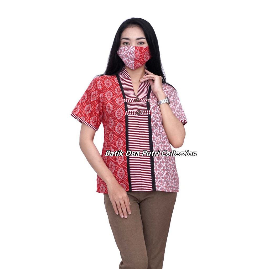 Boluse Batik WAnita - Atasan Batik - Blus Batik - Warna Merah Putih - Batik Wanita -S-M-L-XL-XXL-3L-4L-5L