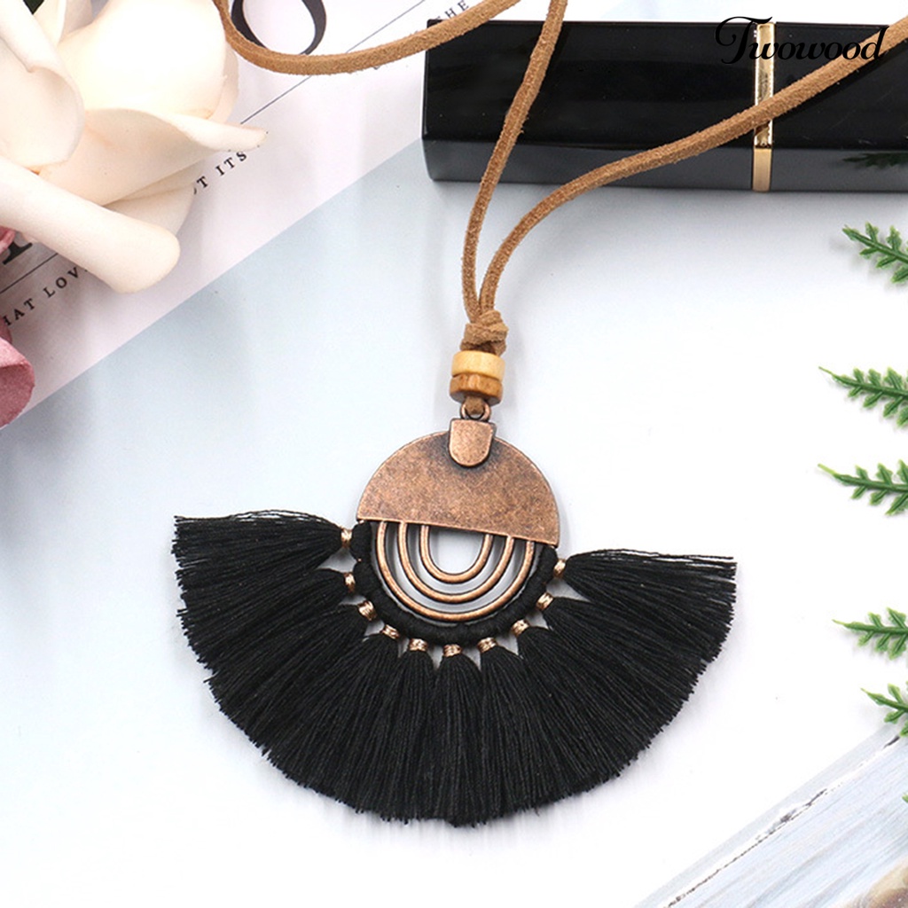 Kalung Rumbai Bentuk Kipas Bahan Katun Alloy Gaya Bohemian Etnik Untuk Wanita