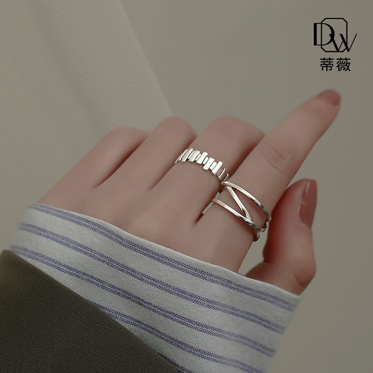 925 cincin salib perak wanita ins sederhana ceruk yang dapat disesuaikan cincin jari telunjuk cincin trendi kepribadian bergaris berkualitas tinggi