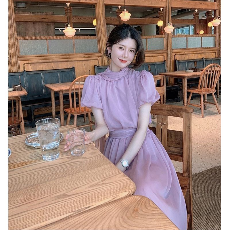 Gaun ungu desain niche gaun peri gaun peri Prancis vintage rok rasa tinggi teh istirahat cinta perta
