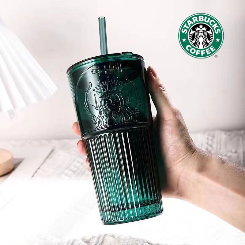 Original 100% 600ML Starbucks Dark Green Goddess Glass High Color Straw Cup Starbucks Tumbler