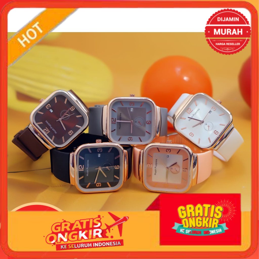 Jam Tangan Wanita Pria Hush Puppies segi Premium Strap Rubber Import Grosir Tanggal Aktif