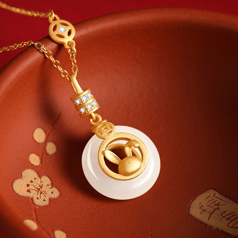 Fancyqube Kalung Liontin Giok Hetian Putih Cabang Emas Bentuk Kelinci Gaya Cina Retro Untuk Hadiah Liburan