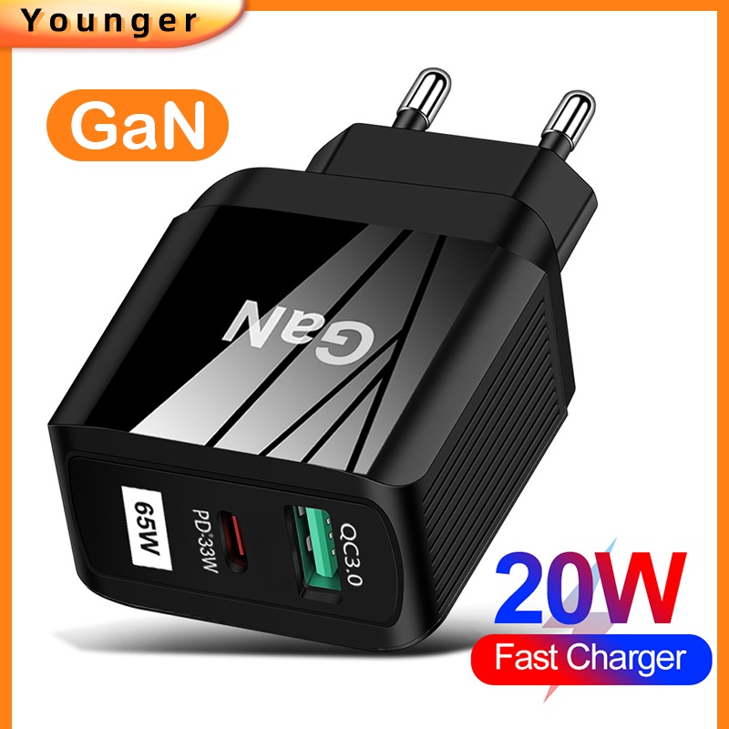 Adapter Charger 65W GaN 9V12V Untuk Iphone 13 14 i-Pad H-uawei X-iaomi S-amsung QC3.0 + PD33W Android