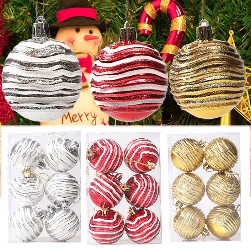 6 Pcs / Set Liontin Bola Glitter Motif Garis Tidak Teratur Untuk Dekorasi Pohon Natal