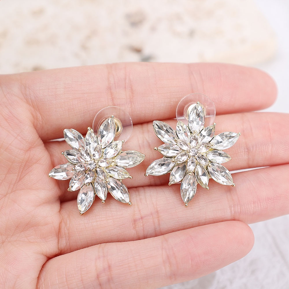 Anting S925 Silver Needle Bentuk Bunga Matahari Snowflake Aksen Berlian Imitasi