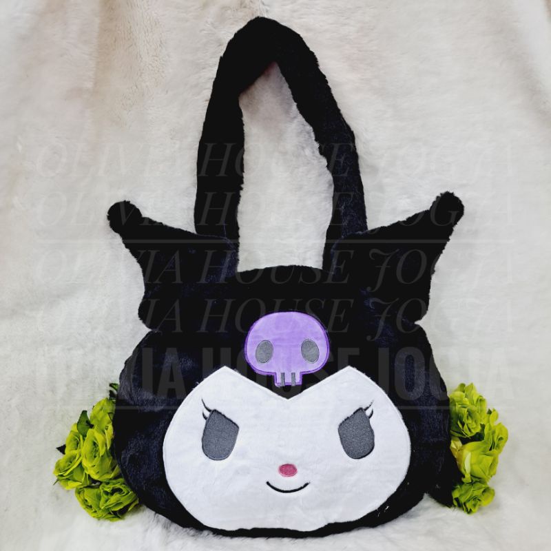 Tas Slempang Kuromi Hitam Tote Bag Kuromi Bulu Tas Slempang Kuromi L