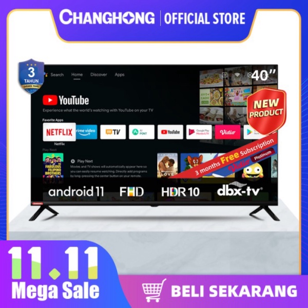 Changhong 40 Inch Newest Android 11 Smart TV Digital LED TV FHD L40G7N Diskon
