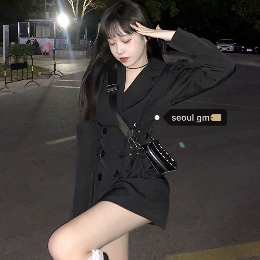 Red Pelajar trendi Gaya Korea Chic retro manis gadis keren double-breasted ikat pinggang terlihat tipis dan gaun jas kerah kecil
