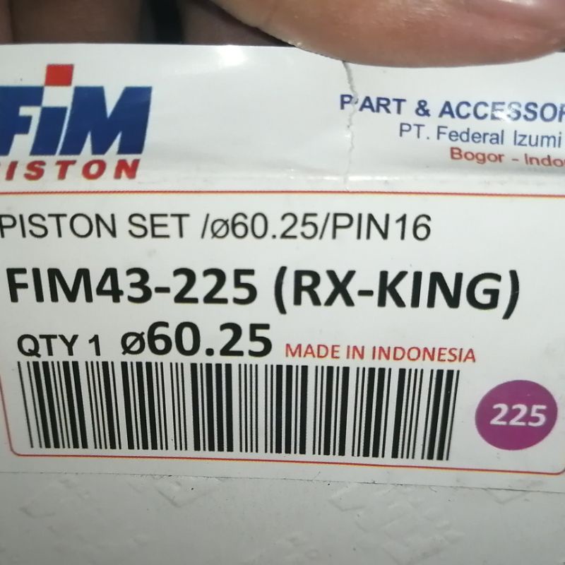Piston seher kit rxk rx king oversize 225 fim