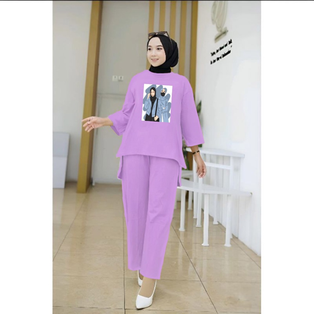 Setelan Tunik Hijab Biru Aesthetic/Set Blouse LD 110