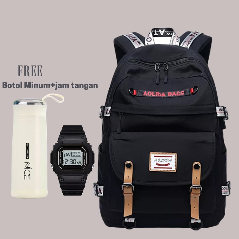 Tasmurah - AOLLIDA Ransel Backpack  Tas Sekolah Wanita / Terbaru Populer 2022 Tas Sekolah Wanita Versi Korea Ransel Siswa Sekolah Menengah Pertama Sekolah Dasar Dalam Ransel Jepang Ransel Korea Murah Tas Punggung Perempuan Dewasa Sederhana-Hitam free Botol+jam