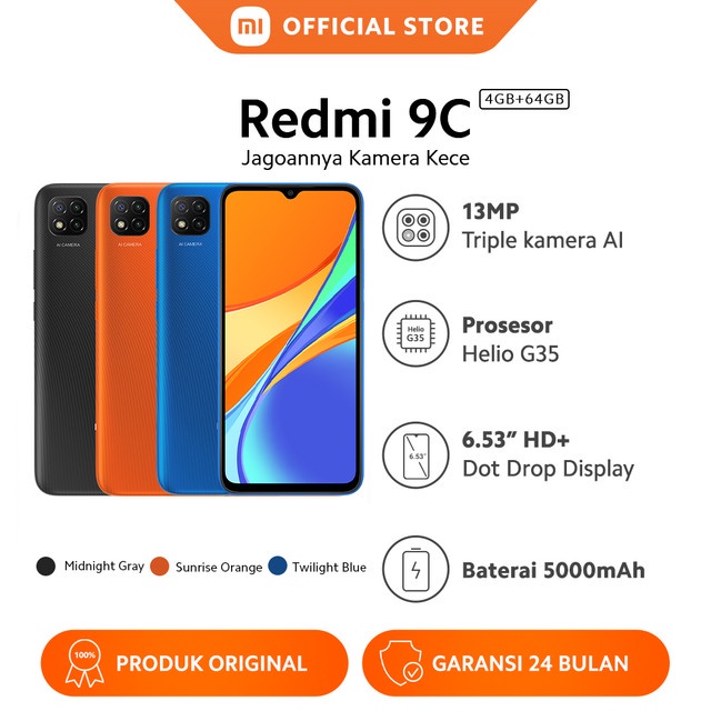 Xiaomi Redmi 9C (4GB+64GB) DotDrop 6.53” HD+, Baterai 5000mAh, Helio G35, 13MP Kamera