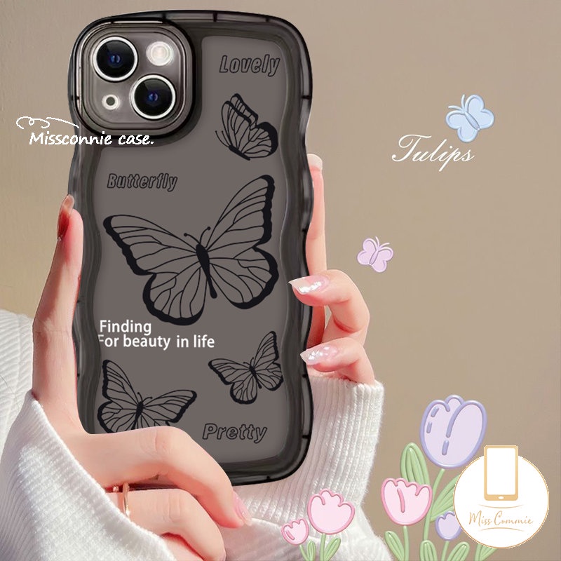 IPHONE Casing Ponsel Bunga Kupu-Kupu Hitam Retro Mewah Kompatibel Untuk Iphone6 6s 8 7 Plus 11 Pro Max XR 14 13 12 Pro Max 14 Plus X XS Max SE 2020 Lembut TPU Tepi Bergelombang Anti Jatuh Full Case