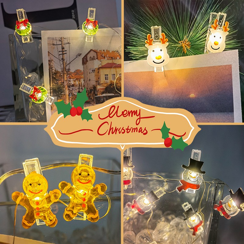 Lampu String LED Bentuk Gingerbread Man Dan Elk Dengan Klip Foto Untuk Dekorasi Natal