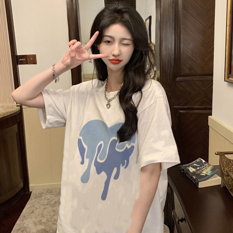 EUNII T-shirt Lengan Pendek Blue Flow Heart Korean Style/Kaos Atasan Wanita/Baju Kaus Oversize Wanita