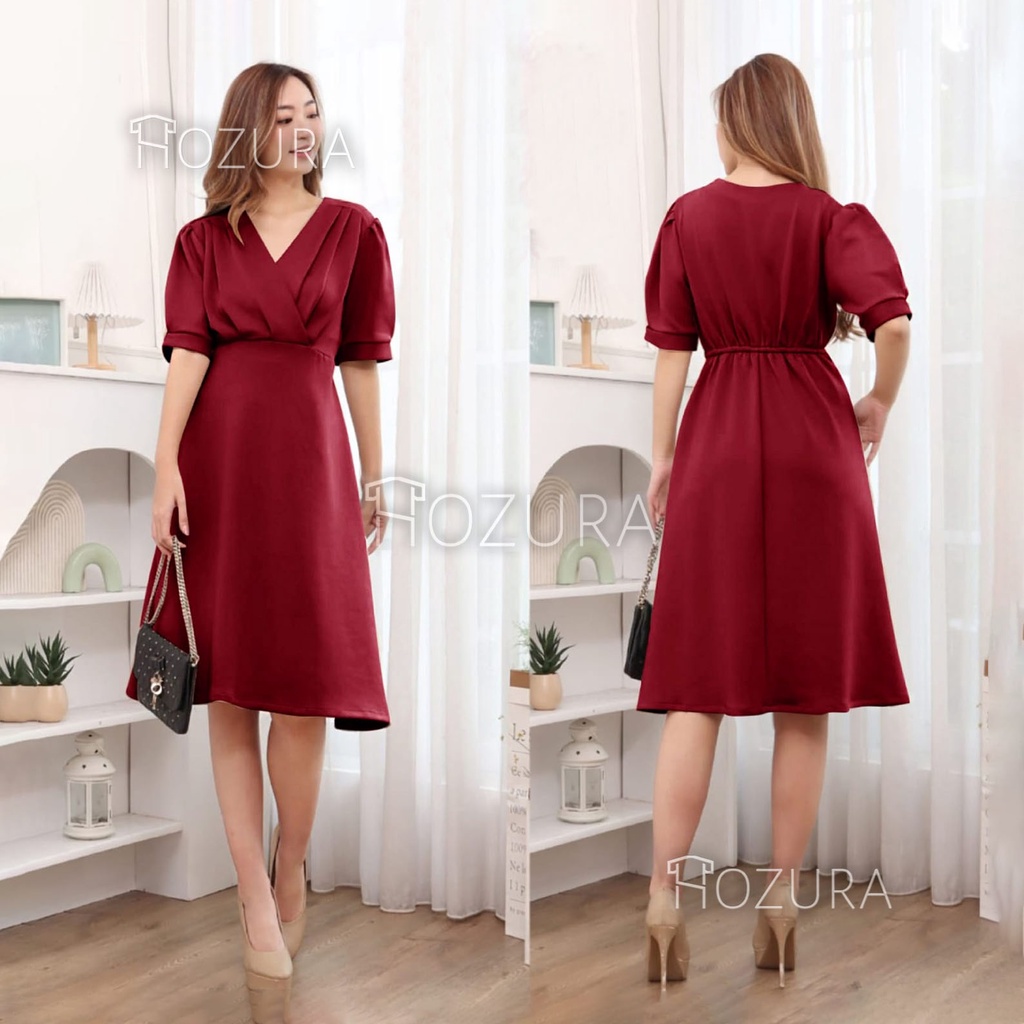 Hozura - Dress Midi Cocktail Elisa - Dress Pesta Dinner - Dress Semi Formal Simple - Jeanette Premium Dress - Baju Wanita Dress Pesta Bodycon Scuba Import